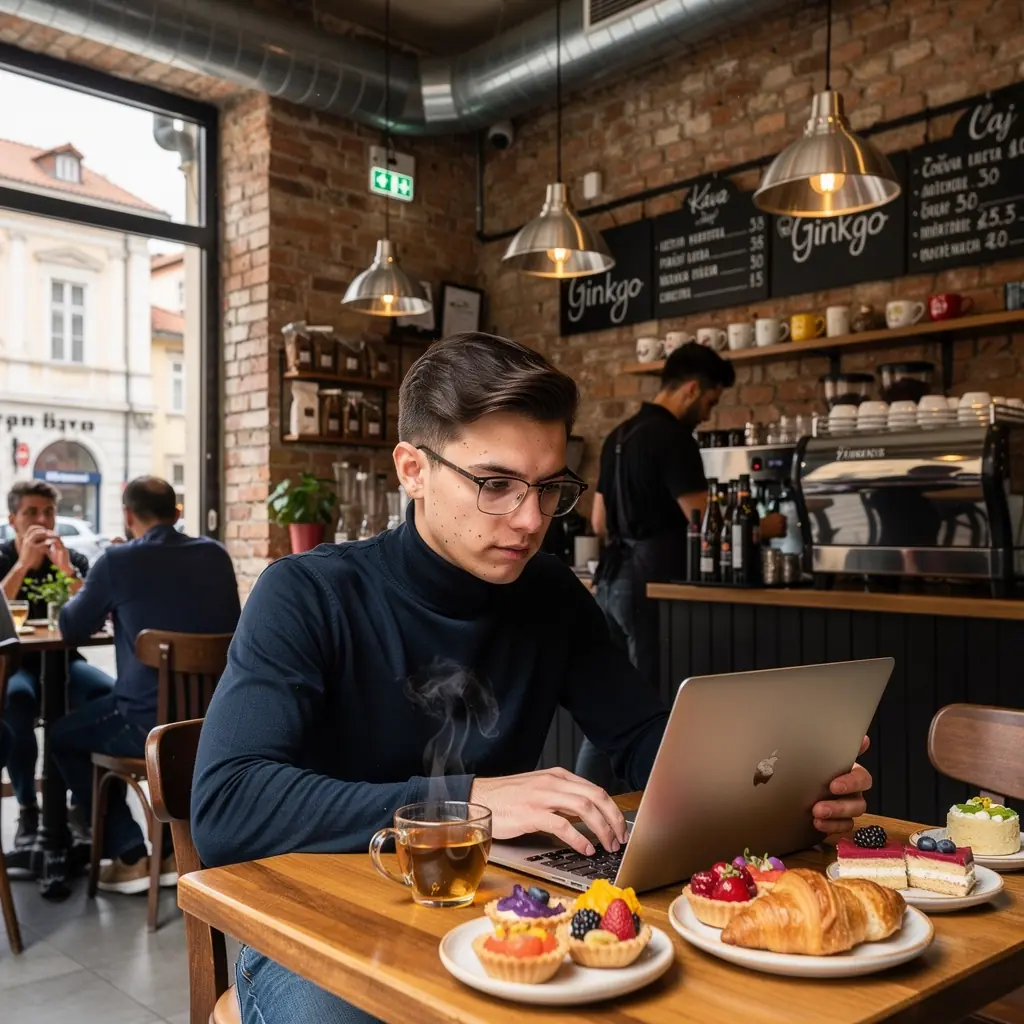 Muškarac koji uživa u čaju dok se koncentrira na svoj rad.