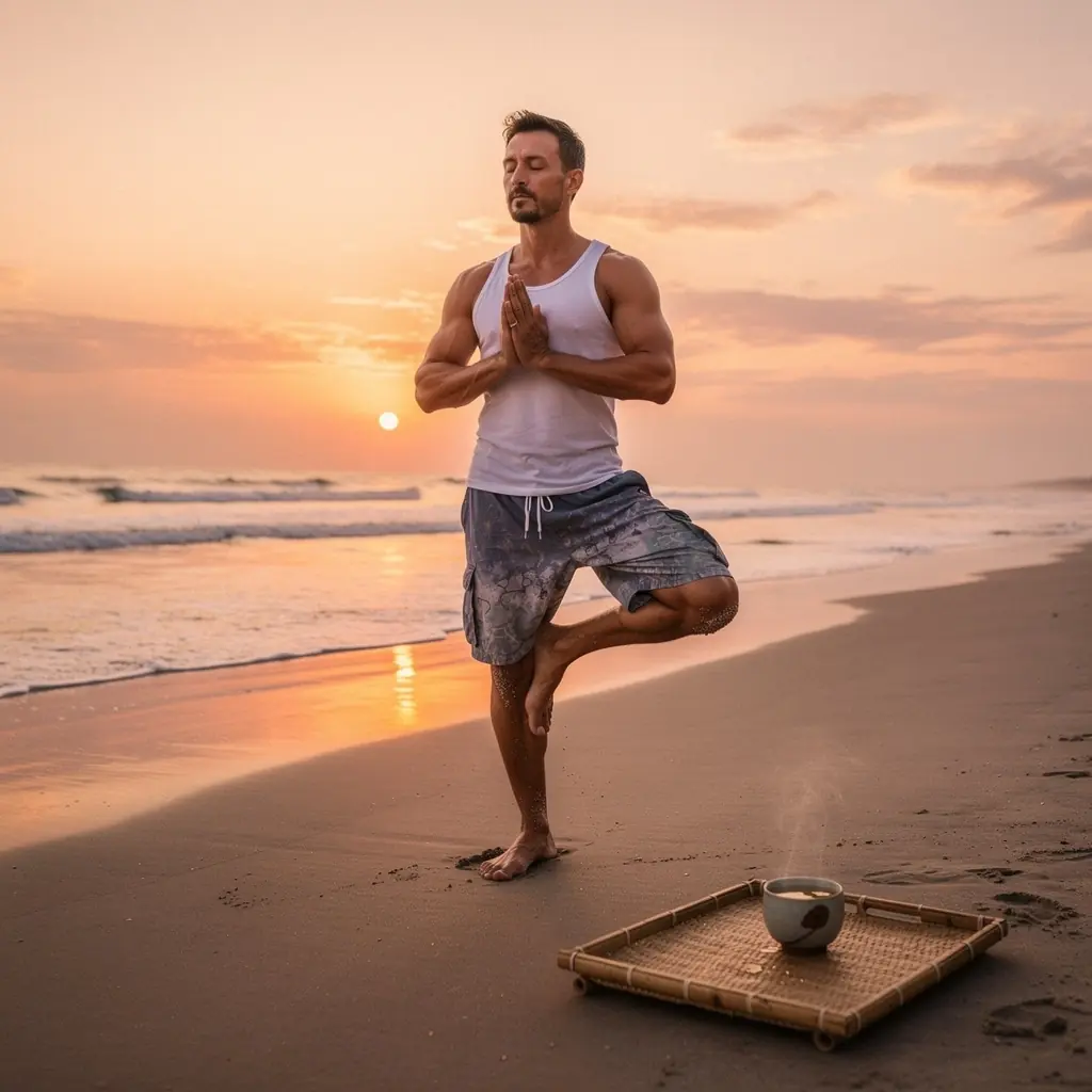 Sretnog muškarca koji meditira uz šalicu čaja u prirodi.