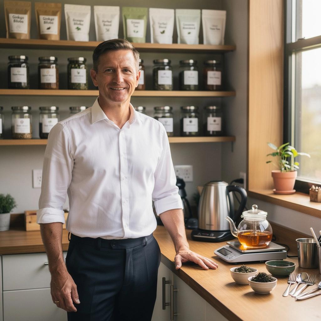 Čaj za muškarce s ginkom bilobom u šalici na drvenom stolu.